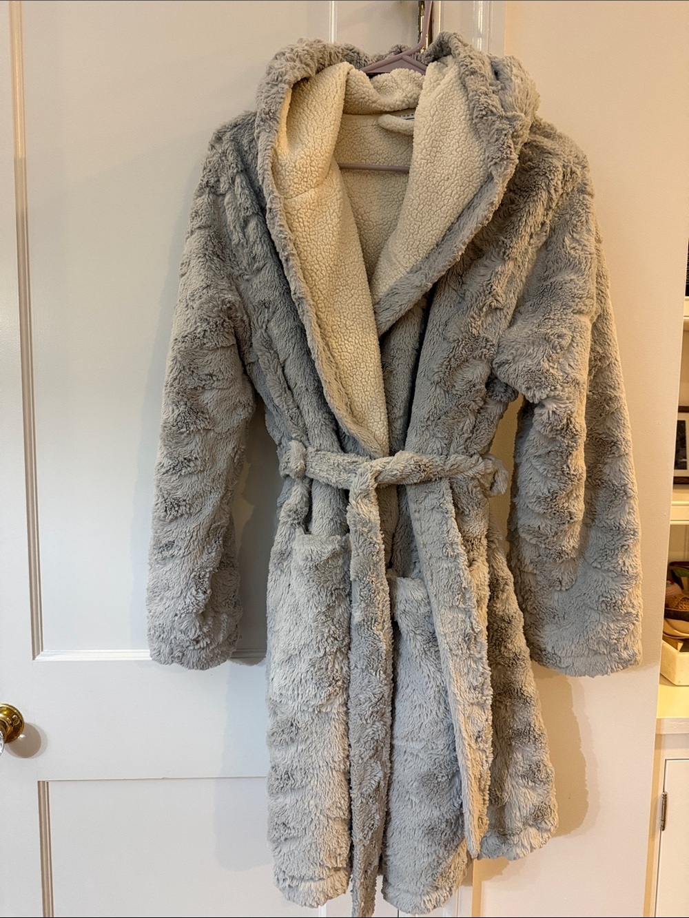 Topshop Plush Hooded Robe Coat in Light Gray with Cream Lining
